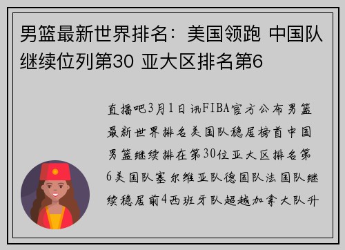 男篮最新世界排名：美国领跑 中国队继续位列第30 亚大区排名第6