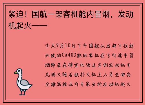 紧迫！国航一架客机舱内冒烟，发动机起火——