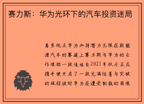 赛力斯：华为光环下的汽车投资迷局