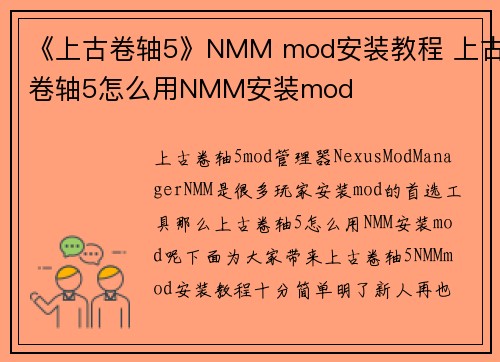 《上古卷轴5》NMM mod安装教程 上古卷轴5怎么用NMM安装mod