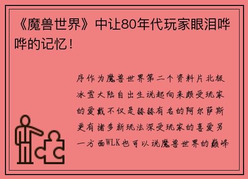 《魔兽世界》中让80年代玩家眼泪哗哗的记忆！