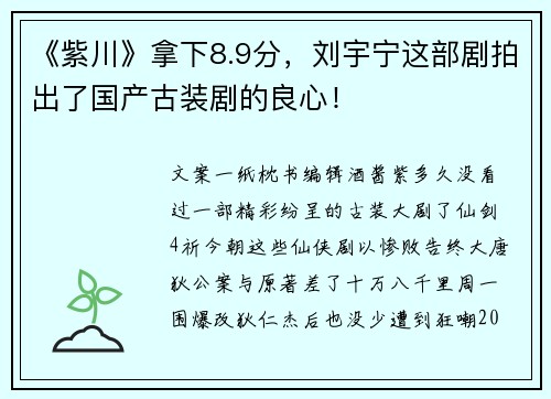《紫川》拿下8.9分，刘宇宁这部剧拍出了国产古装剧的良心！