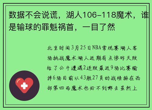 数据不会说谎，湖人106-118魔术，谁是输球的罪魁祸首，一目了然