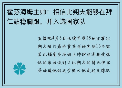 霍芬海姆主帅：相信比朔夫能够在拜仁站稳脚跟，并入选国家队