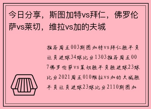 今日分享，斯图加特vs拜仁，佛罗伦萨vs莱切，维拉vs加的夫城