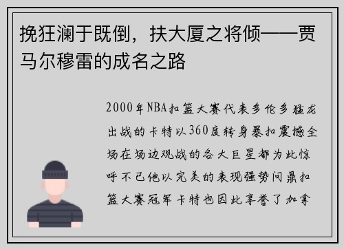 挽狂澜于既倒，扶大厦之将倾——贾马尔穆雷的成名之路